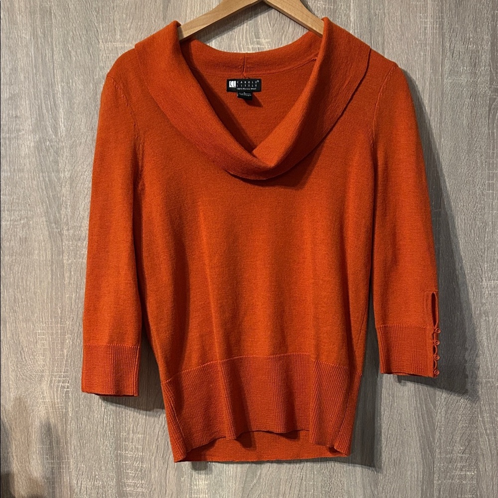 Carole Little Vibrant Orange Cowl Neck Sweater Size Small Merino Wool